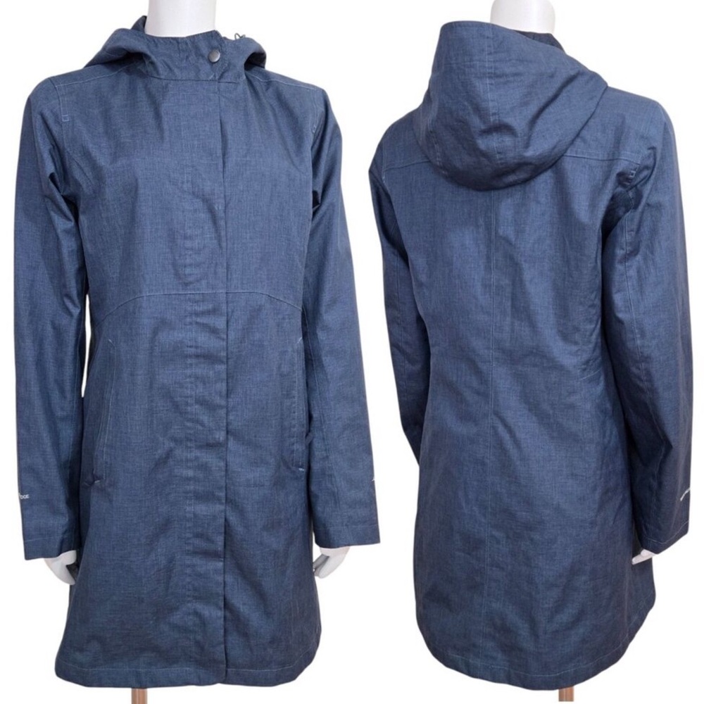 Eddie Bauer WeatherEdge Women's Long Line  Hooded Jacket Navy w/ Micro Checks